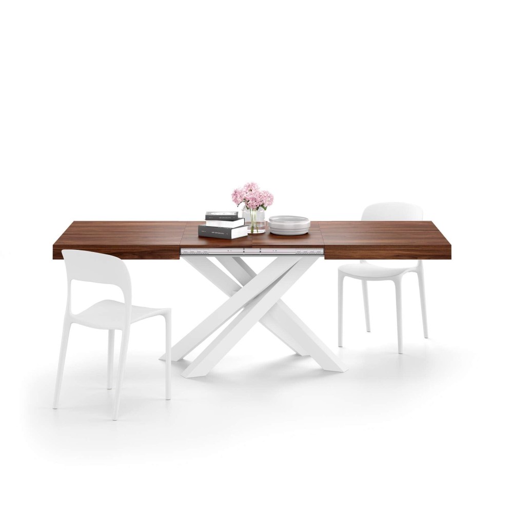 Mobili Fiver, Emma 551 In, Extendable Dining Table, Walnut With White Crossed Legs, Made In Italy