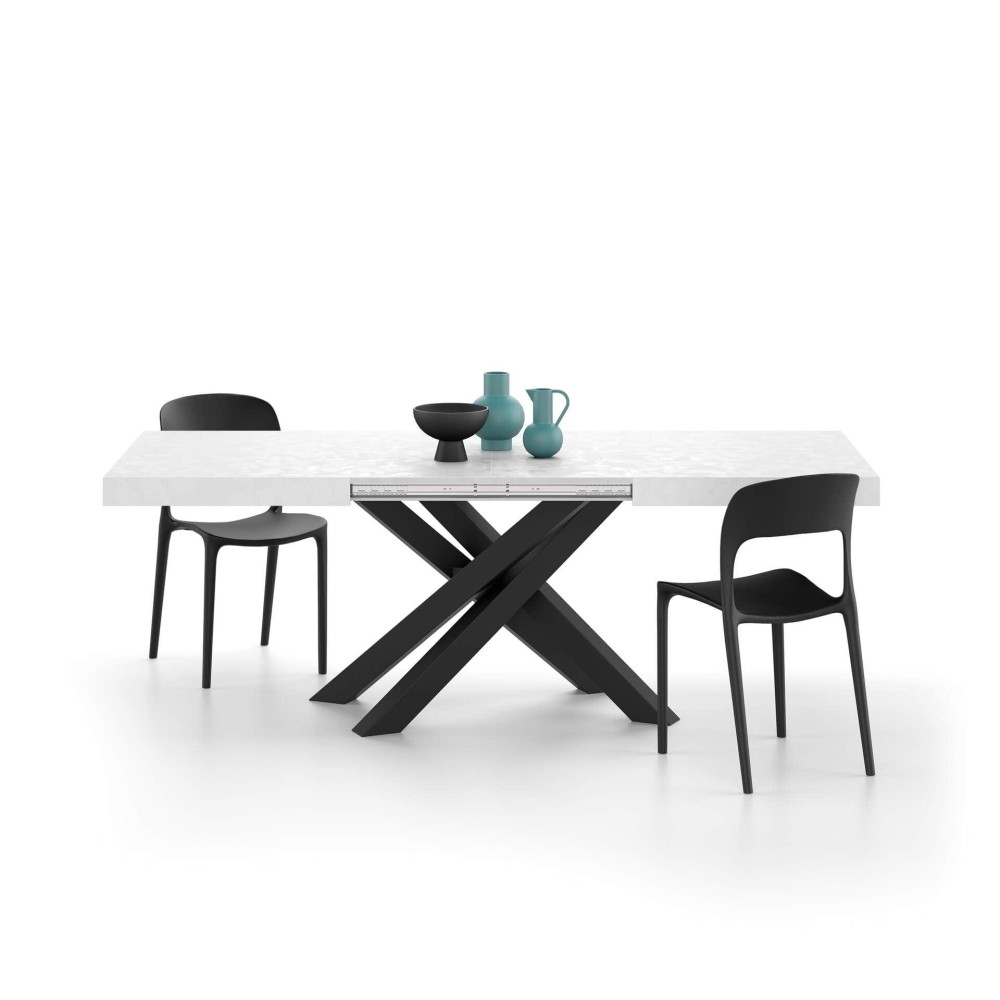 Mobili Fiver, Emma 140 Extendable Dining Table, Concrete White With Black Crossed Legs, Laminate-Finishediron, Made In Italy