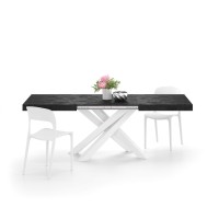 Mobili Fiver, Emma 55.1 In, Extendable Dining Table, Concrete Black With White Crossed Legs, Made In Italy