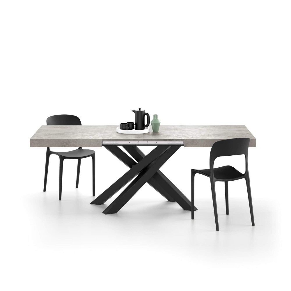 Mobili Fiver, Emma 55.1 In, Extendable Dining Table, Concrete Grey With Black Crossed Legs, Made In Italy