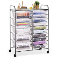 Goflame 15-Drawer Rolling Storage Cart, Multipurpose Movable Organizer Cart, Utility Cart For Home, Office, School, Clear