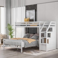 Yswh Pinewood Loft Bed With One Full Platform Bed, Twin Size Furniture Bed Frame With Storage Staircase And Guardrails, Under-Bed Large Space, For Kids Teens (White)