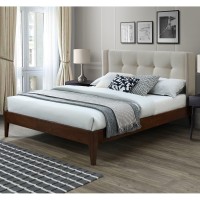 Dg Casa Dickens Mid Century Modern Solid Wood And Upholstered Platform Bed Frame With Button Tufted Headboard And Full Wooden Slats, Box Spring Not Required - Queen Size In Beige Fabric