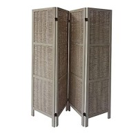 The Urban Port Room 4-Panel Foldable Wooden Divider Privacy Screen With Willow Weaved Design, Antique White
