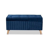 Baxton Studio Hanley Modern And Contemporary Navy Blue Velvet Fabric Upholstered And Walnut Brown Finished Wood Storage Ottoman