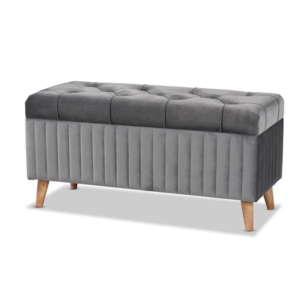 Baxton Studio Hanley Modern And Contemporary Grey Velvet Fabric Upholstered And Walnut Brown Finished Wood Storage Ottoman