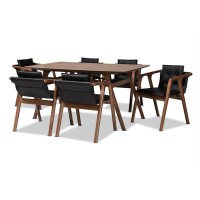 Baxton Studio Marcena Black Leather And Brown Finished Wood 7-Piece Dining Set