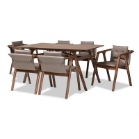 Baxton Studio Marcena Mid-Century Modern Grey Imitation Leather Upholstered And Walnut Brown Finished Wood 7-Piece Dining Set