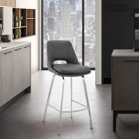 Armen Living Carise Gray Faux Leather And Brushed Stainless Steel Swivel 30 Bar Stool
