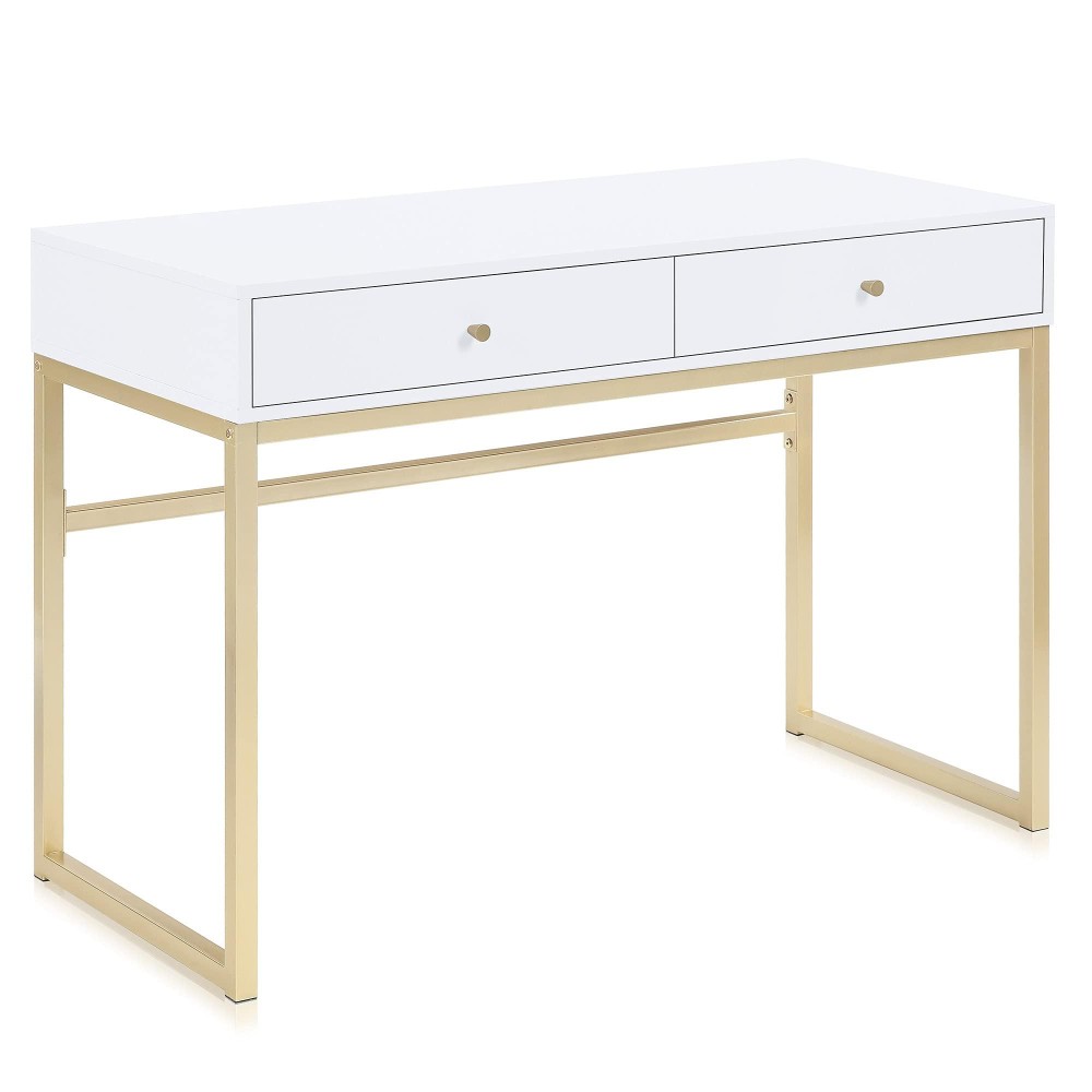 Belleze Modern 42 Inch Makeup Vanity Dressing Table Or Home Office Computer Laptop Writing Desk With Two Storage Drawers, Wood Top, And Gold Metal Frame - Bronte (White)