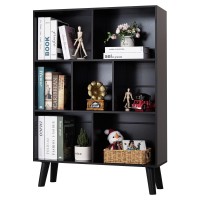 Yaharbo Black Bookshelf,3 Tier Modern Bookcase With Legs,Bookshelves Wood Storage Shelf,Rustic Open Book Shelves Cube Organizer,Free Standing Short Bookcases For Small Space,Bedroom,Living Room,Office