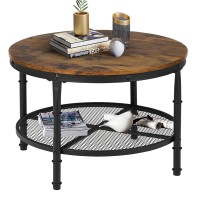 Sthouyn Small Round Coffee Table With Storage Rustic Center Table For Living Room Wood Surface Top & Metal Legs & Open 2-Tier Shelf Save Space Brown