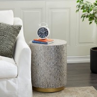 Deco 79 Mother Of Pearl Round Accent Table With Gold Base, 18 X 18 X 22, Gray
