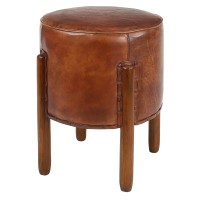 Deco 79 Teak Wood Handmade Upholstered Leather Stool With Wood Legs, 17 X 17 X 20, Brown