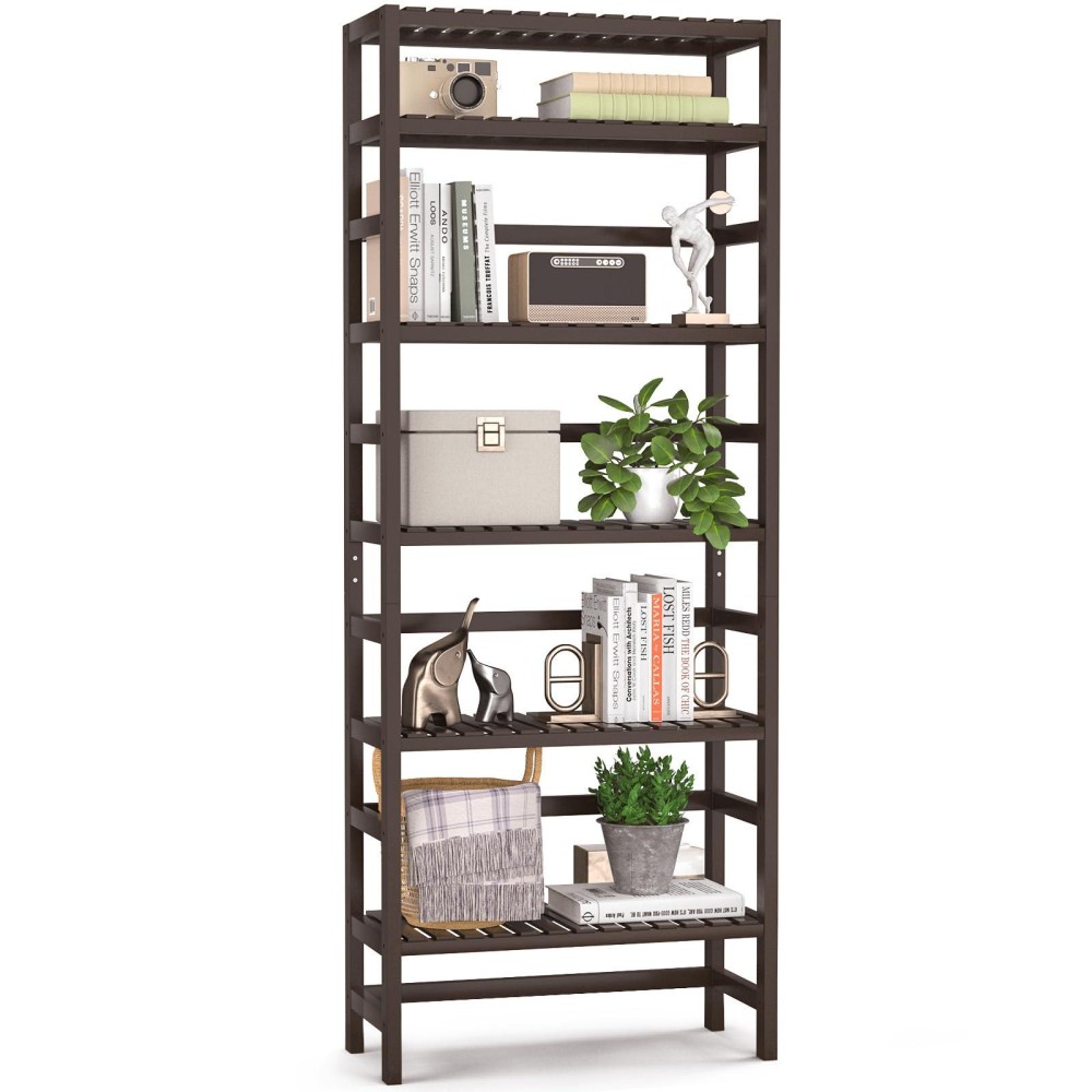 Homykic Bamboo Bookshelf, 6-Tier Adjustable 63.4? Tall Bookcase Book Shelf Organizer Free Standing Storage Shelving Unit For Living Room, Bathroom, Kitchen, Bedroom, Rust Resistance, Espresso