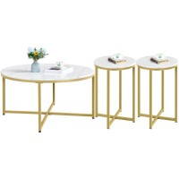 Yaheetech Round Coffee Table Set Of 3Pcs For Living Room, Marble Coffee Table And 2Pcs Side Tables With Sturdy Metal Legs For Office Apartment, Modern Furniture, Mustard Gold