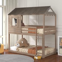 Twin Over Twin Wood Bunk Bed, House-Shaped Bed Frame With Roof/Window, Built-In Ladder/Guardrail, Bunk Bed For Kids/ Teens/Girls/Boys (Antique Gray + Wood)