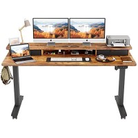 Fezibo Height Adjustable Electric Standing Desk With Double Drawer, 60 X 24 Inch Stand Up Table With Storage Shelf, Sit Stand Desk With Splice Board, Black Framerustic Brown Top