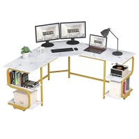 Teraves Modern L Shaped Desk With Shelves,64.84 Computer Desk/Gaming Desk For Home Office,Corner Desk With Large Desktop (White Marbling+ Gold Frame, Large+4 Tier Shelves)
