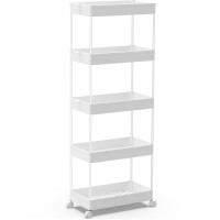 Spacekeeper 5-Tier Storage Cart Organizer Rolling Utility Cart, Mobile Shelving Unit Slide Out Storage Shelves For Kitchen Living Room Bathroom Laundry Room & Dressers, White