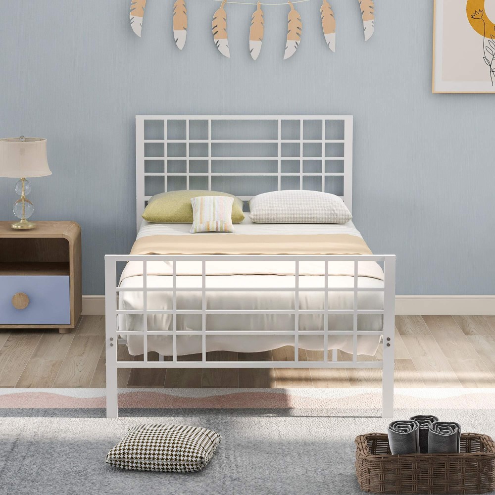 Twin Size Platform Bed, Metal Tube And Iron-Art Bed Frame With Headboard And Footboard, Single Platform Mattress Base For Kids/Teens/Adults, No Box Spring Needed (White + Stainless Steel + Twin)