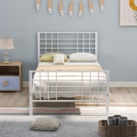 Twin Size Platform Bed, Metal Tube And Iron-Art Bed Frame With Headboard And Footboard, Single Platform Mattress Base For Kids/Teens/Adults, No Box Spring Needed (White + Stainless Steel + Twin)