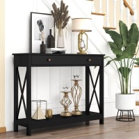 Treocho Oxford Design Console Table With Drawer And Storage Shelves, Foyer Sofa Table Narrow For Entryway, Living Room, Hallway, Black