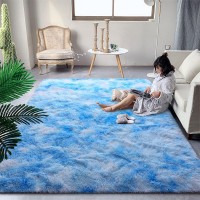 Dweike Super Soft Shaggy Rugs Fluffy Carpets, Tie-Dye Rugs For Living Room Bedroom Girls Kids Room Nursery Home Decor,Non-Slip Machine Washable Carpet,4X6 Feet Blue