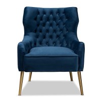 Baxton Studio Nelson Navy Blue Velvet Fabric And Gold Finished Metal Armchair