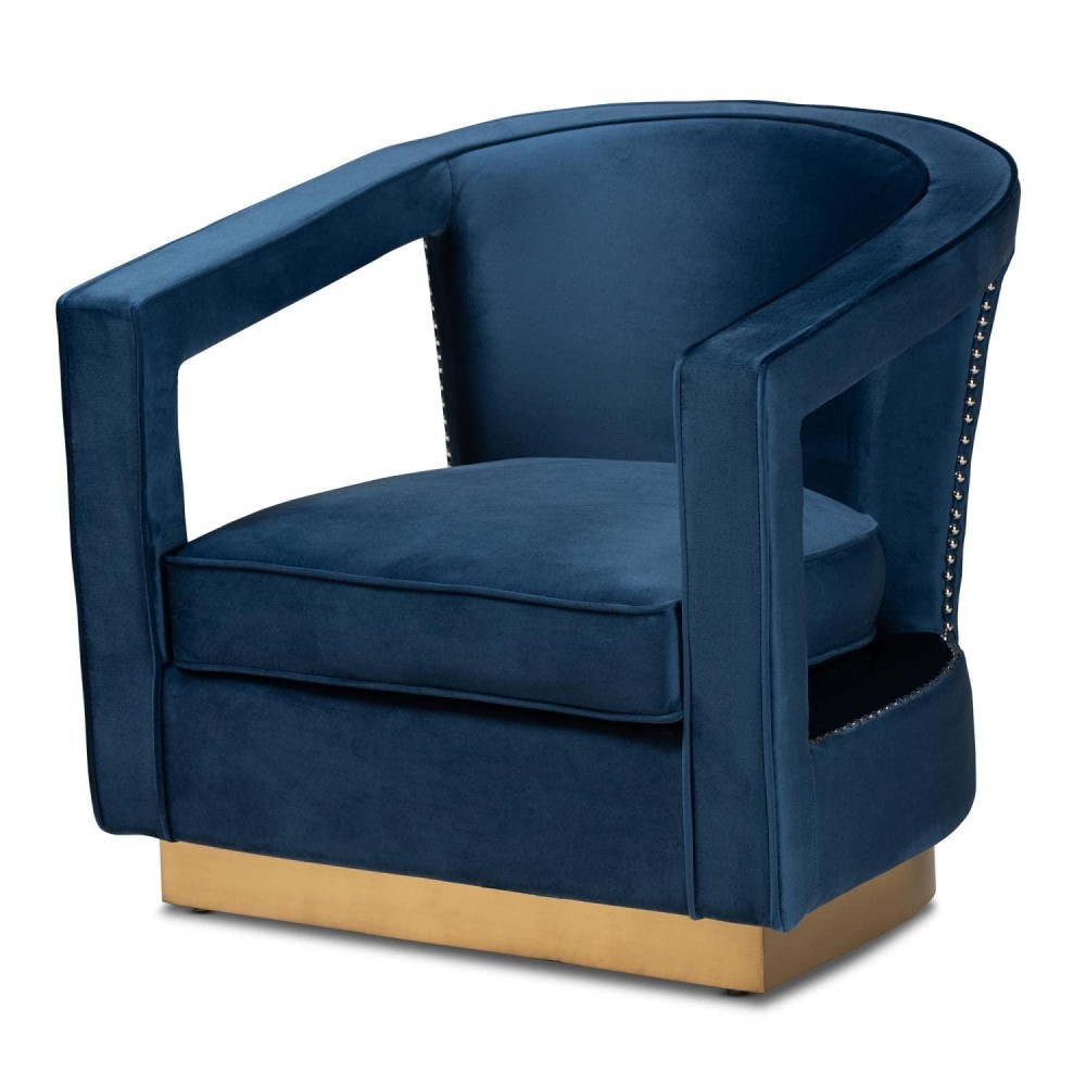 Baxton Studio Neville Modern Luxe And Glam Navy Blue Velvet Fabric Upholstered And Gold Finished Metal Armchair