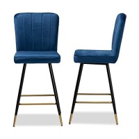 Baxton Studio Preston Modern Luxe And Glam Navy Blue Velvet Fabric Upholstered And Two-Tone Black And Gold Finished Metal 2-Piece Bar Stool Set