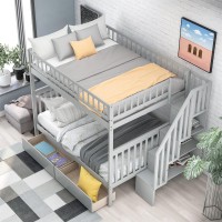 Full Over Full Bunk Beds With Stairs, Wood Bunk Bed Frame With Storage Shelf And 2 Drawers Full Size Bunk Bed For Kids,Toddlers, Teens, Adults, Dorm, Bedroom Furniture (Grey)