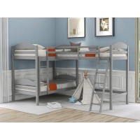 Triple Bunk Bed Twin Size Wood L-Shaped Corner Bunk Bed Frame 3 Bed Bunk Loft Bed With Full Length Guardrails And Flat Ladder, 3 Bed Bunk, No Box Spring Needed (Gray+Wood)