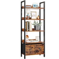 Furologee 5-Tier Bookshelf, Tall Bookcase With 2 Storage Drawers, Industrial Display Standing Shelf Units, Wood And Metal Storage Shelf For Living Room, Bedroom, Home Office, Rustic Brown
