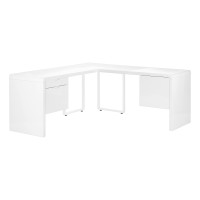 Monarch Specialties Reversible Modern Corner Writing Laptop Table-2 Storage Drawers-1 File Cabinet-Rounded Edges-Home Office Computer L-Shaped Desk, 72 L X 72 W, Glossy White
