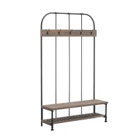 Benjara Wood And Metal Industrial Hall Tree With Bench, Brown