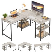 Bestier L Shaped Desk With Shelves 86 Inch Reversible Corner Computer Desk Or 2 Person Long Table For Home Office Large Gaming Writing Storage Workstation P2 Board With 3 Cable Holes, Grey Oak