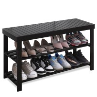 Smibuy Bamboo Shoe Rack Bench, 3-Tier Shoe Organizer Storage Shelf For Entryway Hallway Bathroom Living Room (Black)