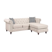 Acme Waldina Tufted Linen Fabric Upholstered Reversible Sectional Sofa In Beige