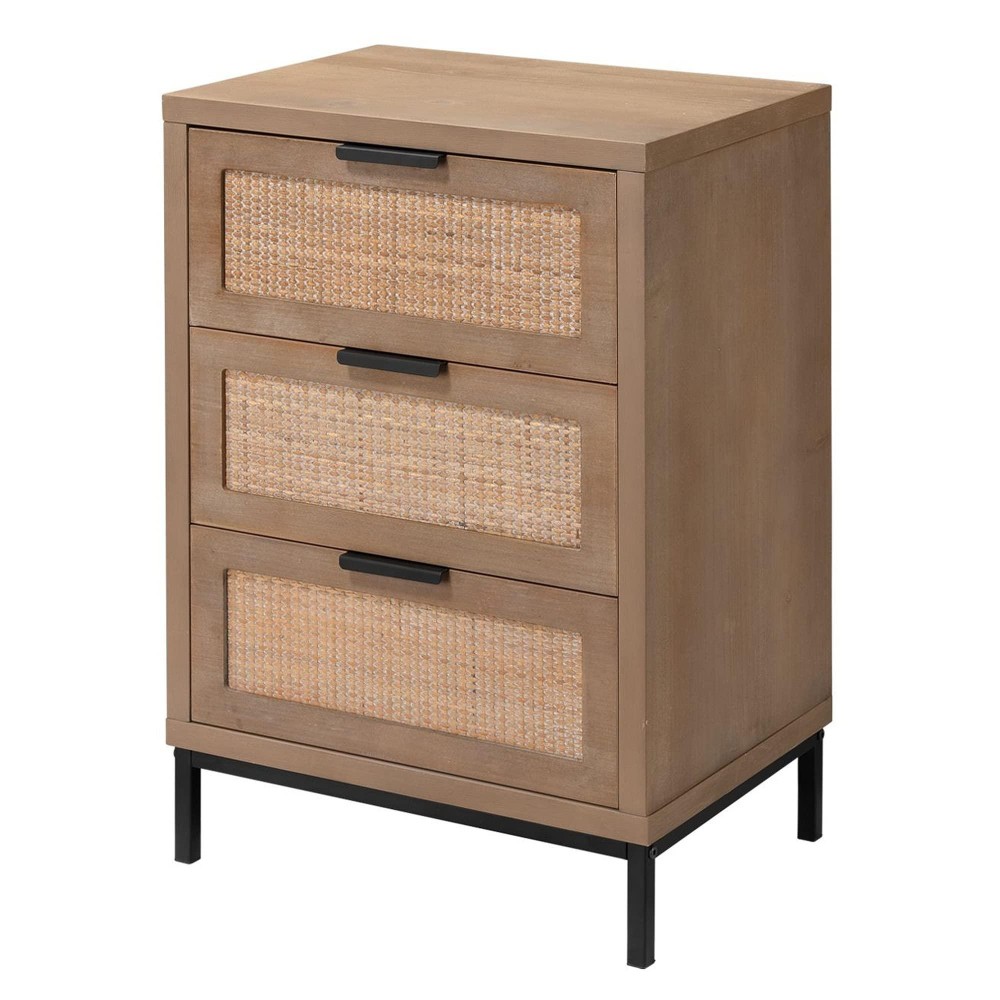 Benjara Side Table With Woven Rattan Front Drawers, Brown