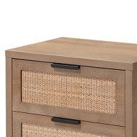 Benjara Side Table With Woven Rattan Front Drawers, Brown