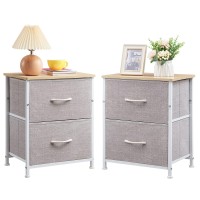 Somdot Nightstands Set Of 2 With 2 Drawers, Bedside Table Small Dresser With Removable Fabric Bins For Bedroom Nursery Closet Living Room - Sturdy Steel Frame, Wood Top - Grey/Natural Maple