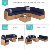 Best Choice Products 7-Piece Modular Outdoor Sectional Wicker Patio Furniture Conversation Sofa Set W/ 6 Chairs, 2 Pillows, Seat Clips, Coffee Table, Cover Included - Natural/Navy