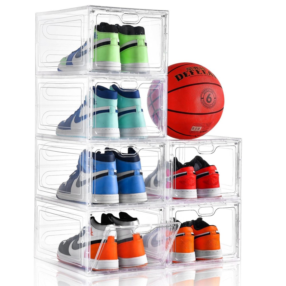 Aliscatre 6 Pack Shoe Storage Box Clear Plastic Stackable, Shoe Box With Magnetic Door, Shoe Organizer And Shoe Containers For Sneaker Storage, Fit Up To Us Size 12(13.4X 9.8X 7.1)