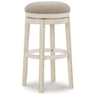 Signature Design By Ashley Realyn French Country Upholstered Swivel Bar Height Bar Stool With Foam Cushioned Seat, White & Beige