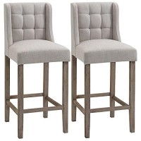 Homcom Modern Bar Stools Set Of 2, Tufted Upholstered Barstools, Pub Chairs With Back, Rubber Wood Legs For Kitchen, Dinning Room, Beige