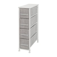 4 Drawer Slim Wood Top White Cast Iron Frame Dresser Storage Tower With Light Gray Easy Pull Fabric Drawers