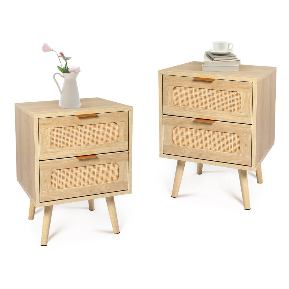 Hopubuy Nightstands Set Of 2 With Rattan Drawer, Modern Night Stand For Bedrooms, Wooden 2 Drawer Bedside Table Side Table For Small Place Living Room And Bedroom (Brown, 2 Drawers 2 Pack)