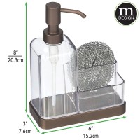 Mdesign Plastic Kitchen Sink Countertop Hand Soap Dispenser Pump Bottle Caddy Organizer Holder With Storage For Bathroom - Holds Dish Sponge And Brushes - Omni Collection - Clear/Bronze