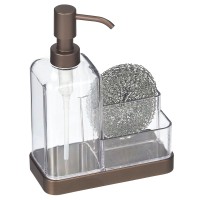 Mdesign Plastic Kitchen Sink Countertop Hand Soap Dispenser Pump Bottle Caddy Organizer Holder With Storage For Bathroom - Holds Dish Sponge And Brushes - Omni Collection - Clear/Bronze